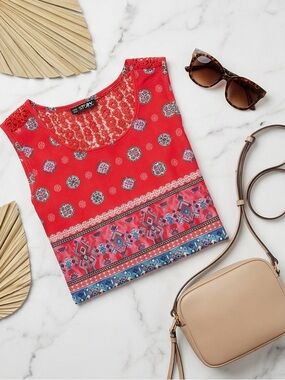 Storybuk Red Boho Print Sleeveless Tank Top Size S Stretch Summer